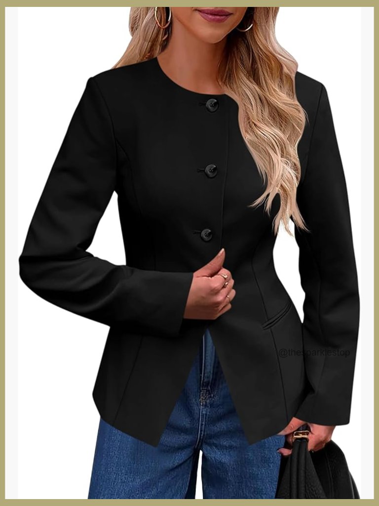 Fitted Blazer Collarless Split Hem Business Casual Polyester Elastane